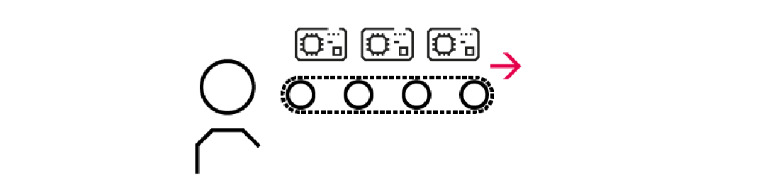 A stylized human on the left and a conveyor belt on the right. Three stylized PCBs are placed in line on top of the conveyor belt. A red arrow points to the right.