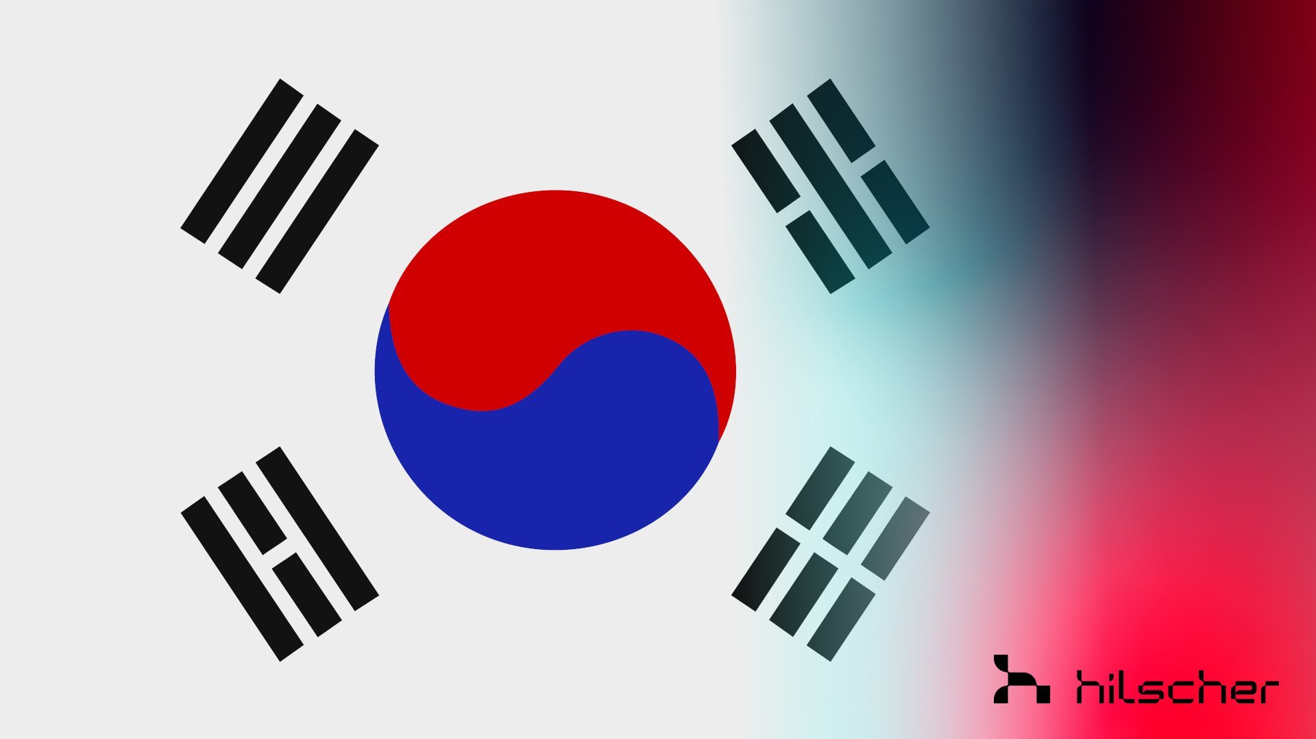 The flag of South Korea. On the right side of the picture is a fade to a colorful space, accounting for nearly a quarter of the image.