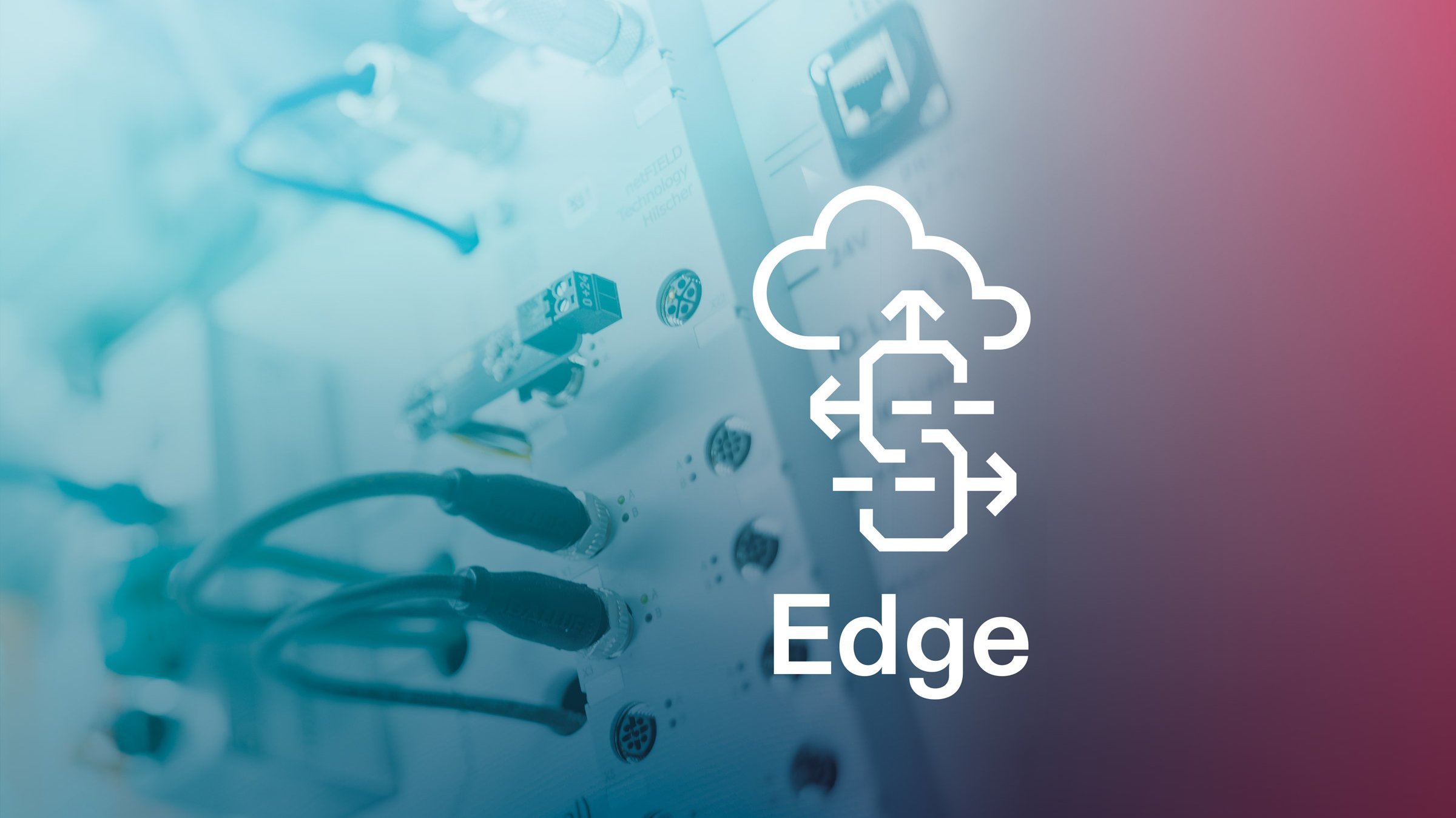 An icon which with three arrows pointing to the left, top and right. On top of the icon, a cloud symbol can be seen. In the background a sensorEDGE gateway from Hilscher with a colorful and slightly transparent blue and red overlay.