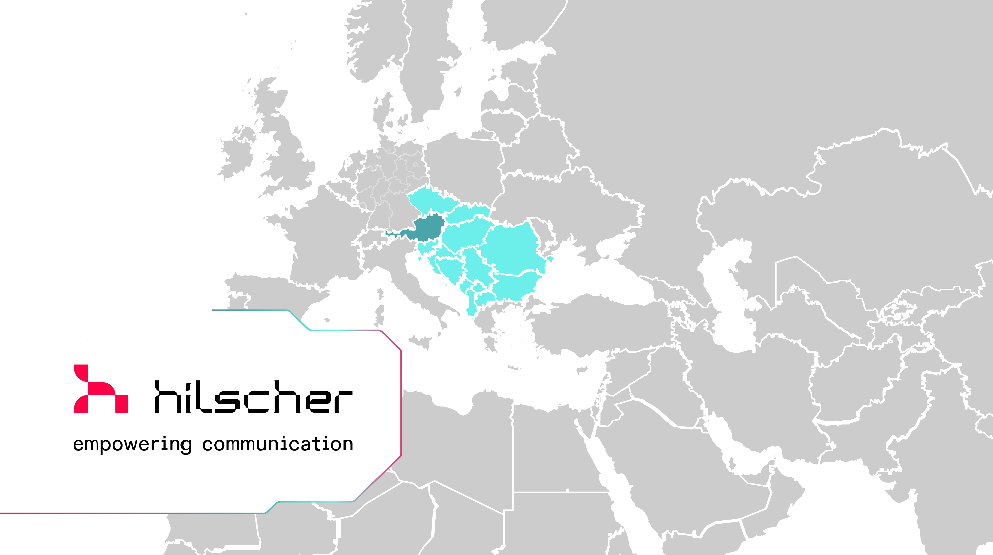 A map of Europe with the majority of countries colored in grey. Austria as well as the central and eastern European markets are colored in turquoise. On the left side is a Hilscher logo framed with a colorful line around it.