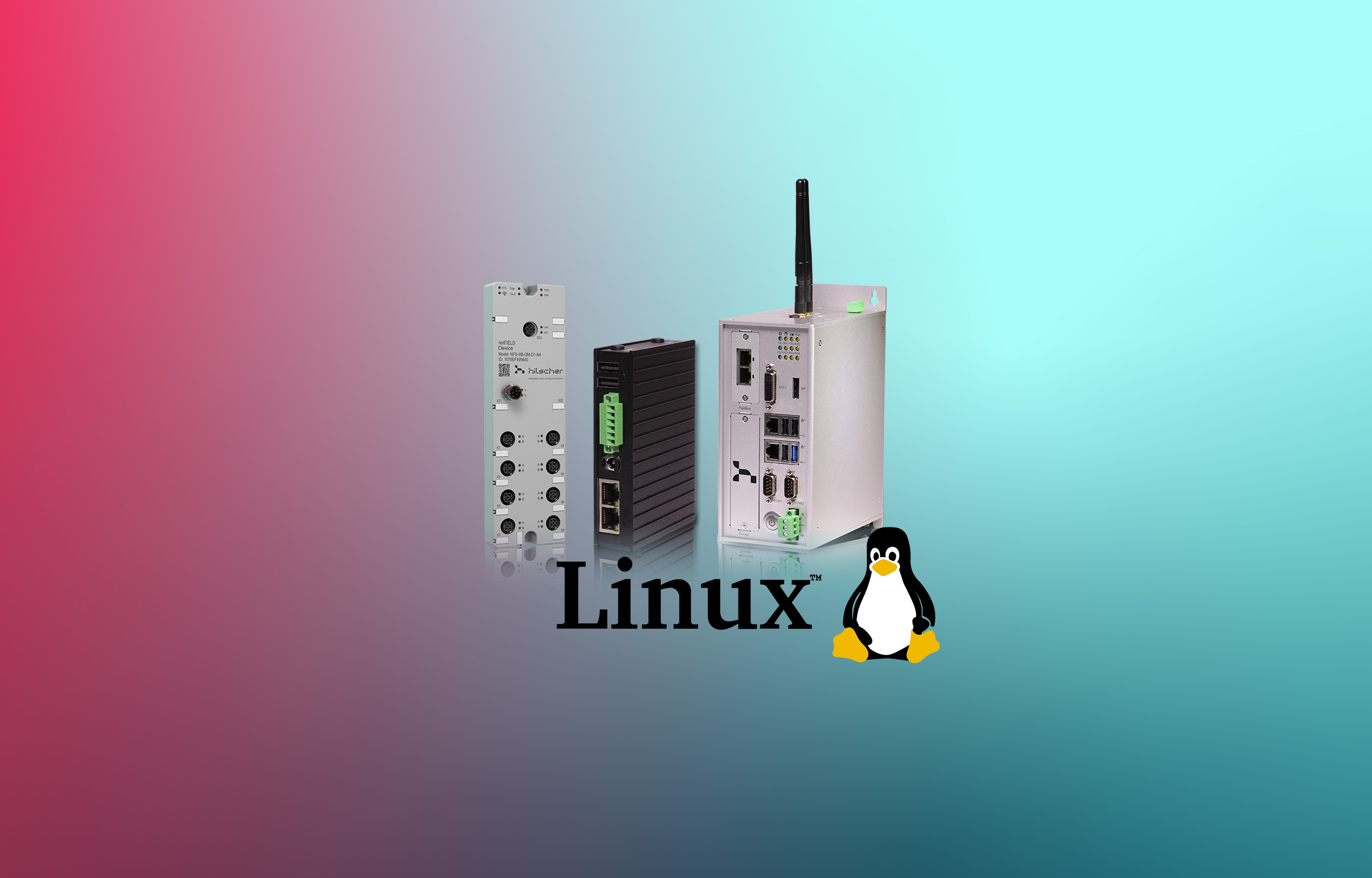 Three gateways are lined up on a colorful background containing red and cyan as well as dark blue. Under the devices, there is a Linux lettering with a penguin (Tux) on the right side.