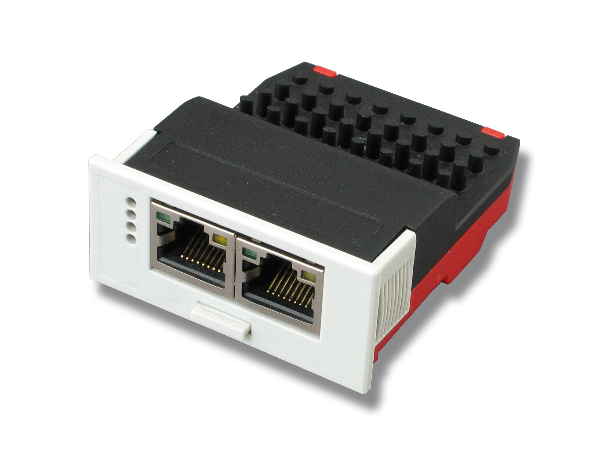 netJACK module with white, black and red inserts in IP40 housing with two connectors upfront.