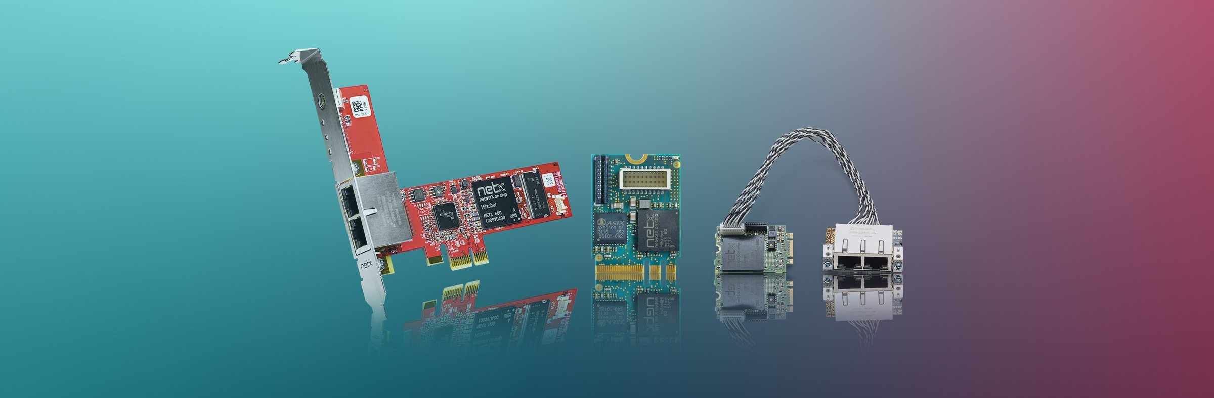 Three PC cards on a colorful background. One has a red PCB while the other two are green. One has an AIFX detached network interface connected to it.