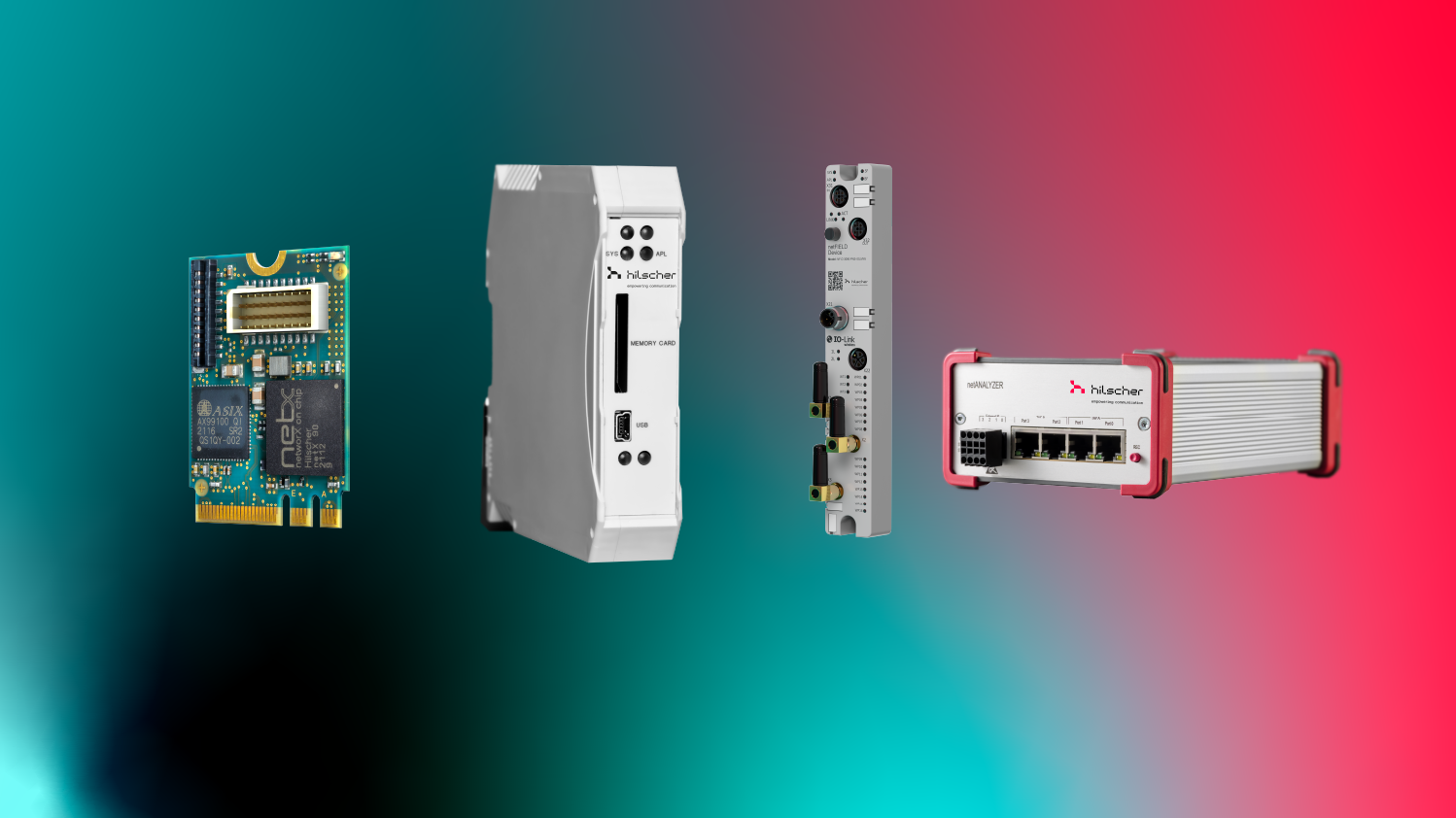 A cifX PC card, a netTAP gateway, an IO-Link Wireless Master and a netANALYZER are presented on a colorful background.