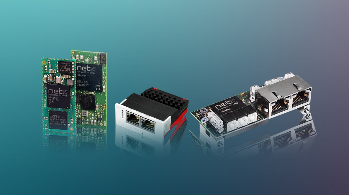 Four different embedded modules from Hilscher on a colorful background. The devices are slightly mirrored on the bottom.