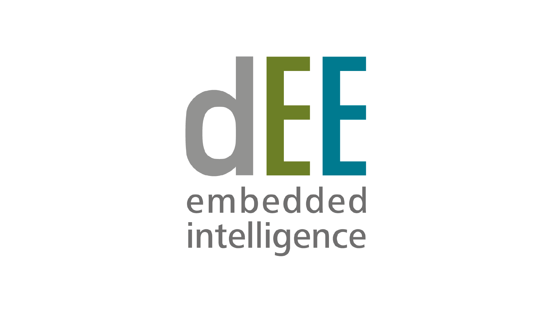 Logo of dieEntwickler Elektronik (dEE) in grey and green. Underneath is written "embedded intelligence".
