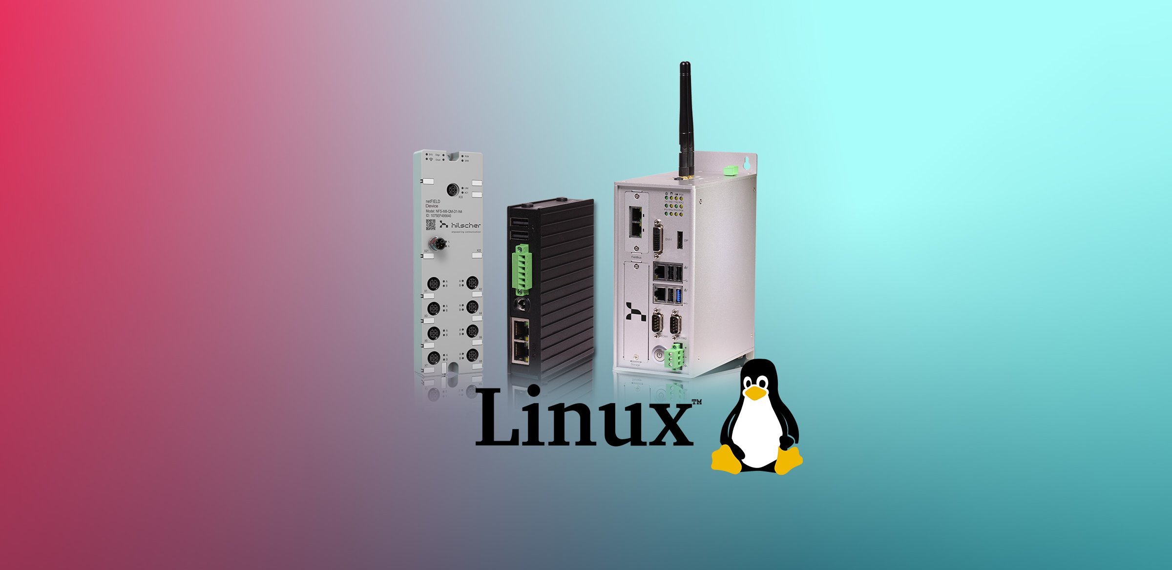 Three gateways are lined up on a colorful background containing red and cyan as well as dark blue. Under the devices, there is a Linux lettering with a penguin (Tux) on the right side.