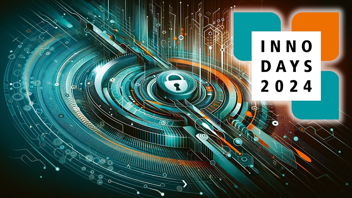 A technical picture with many lines, circles and dots surrounding a lock in the middle of the picture. Petrol green is the dominant color. In the top right corner is the logo of the event INNO DAYS 2024.