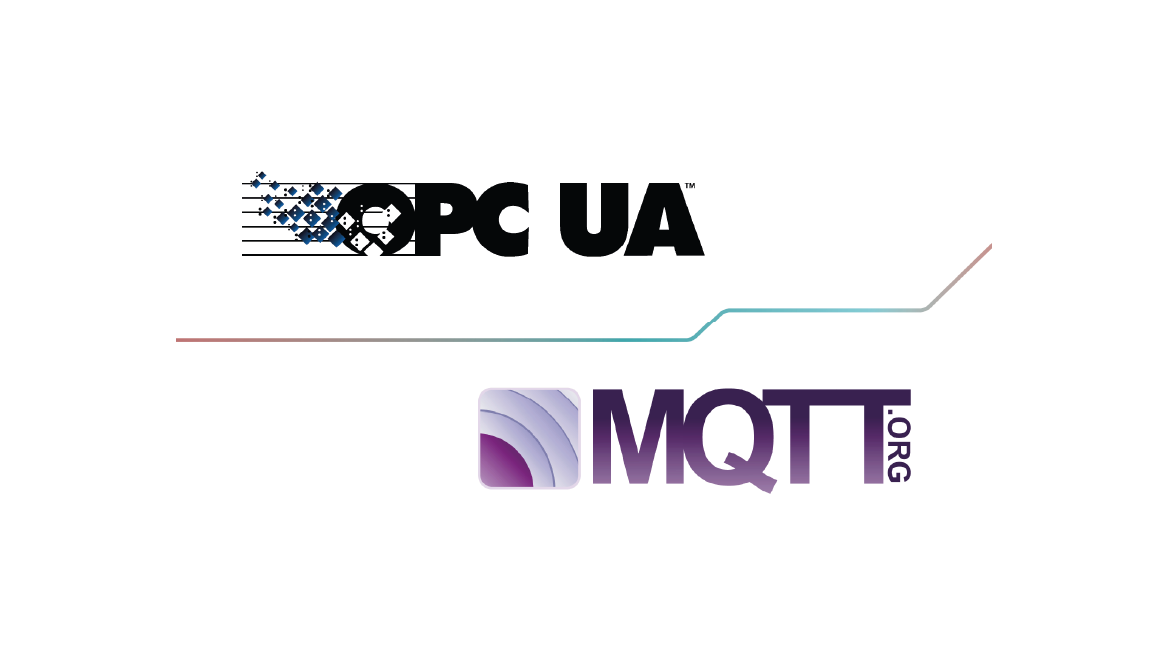 The OPC UA logo on top and MQTT logo on the bottom. The two protocol logos are divided by a horizontal colorful stripe in the middle of the picture.