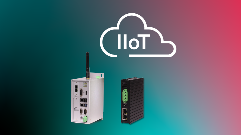 Two gateways from Hilscher on a colorful background and a stylized cloud with IIoT written on it.
