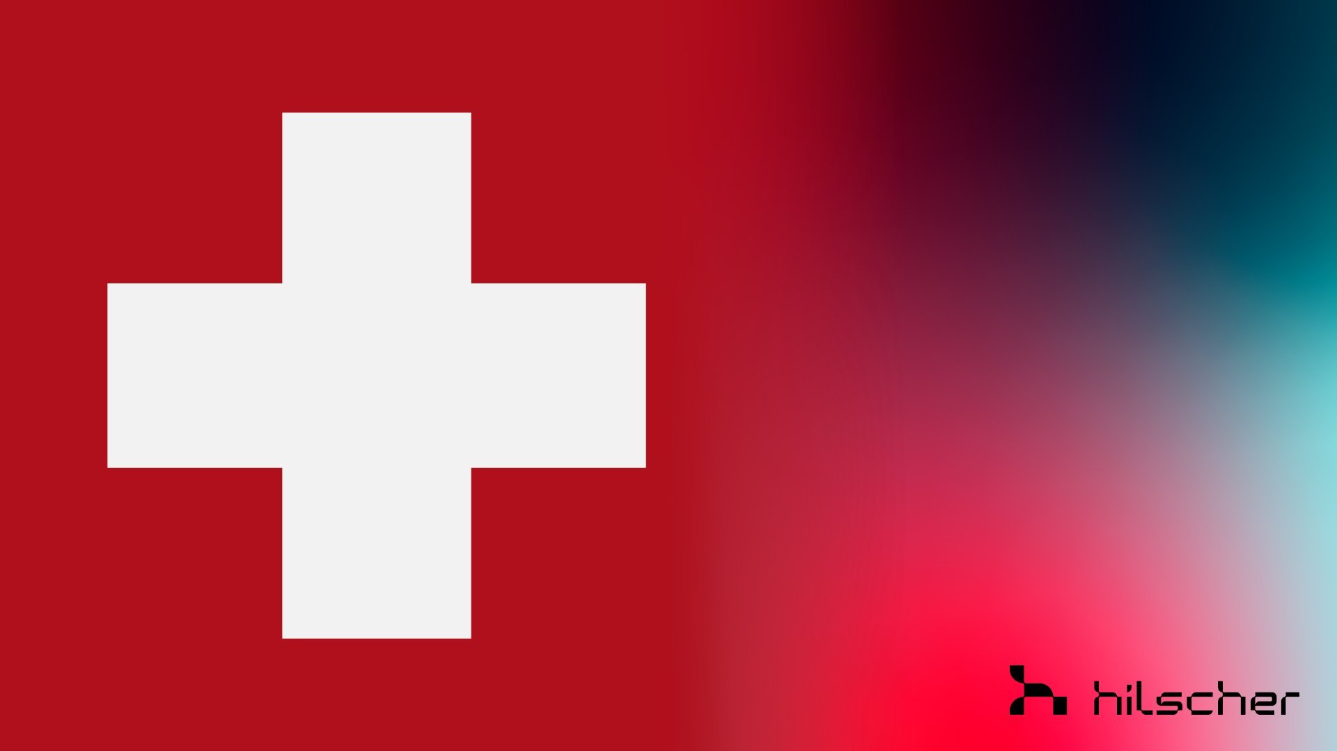 The flag of Switzerland. On the right side of the picture is a fade to a colorful space, accounting for nearly a quarter of the image.