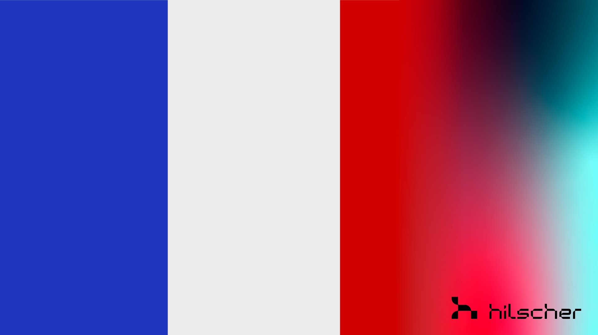 The flag of France. On the right side of the picture is a fade to a colorful space, accounting for nearly a quarter of the image.