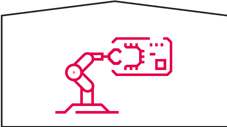 A stylized robot arm in black on the left side holding a stylized PCB in red.