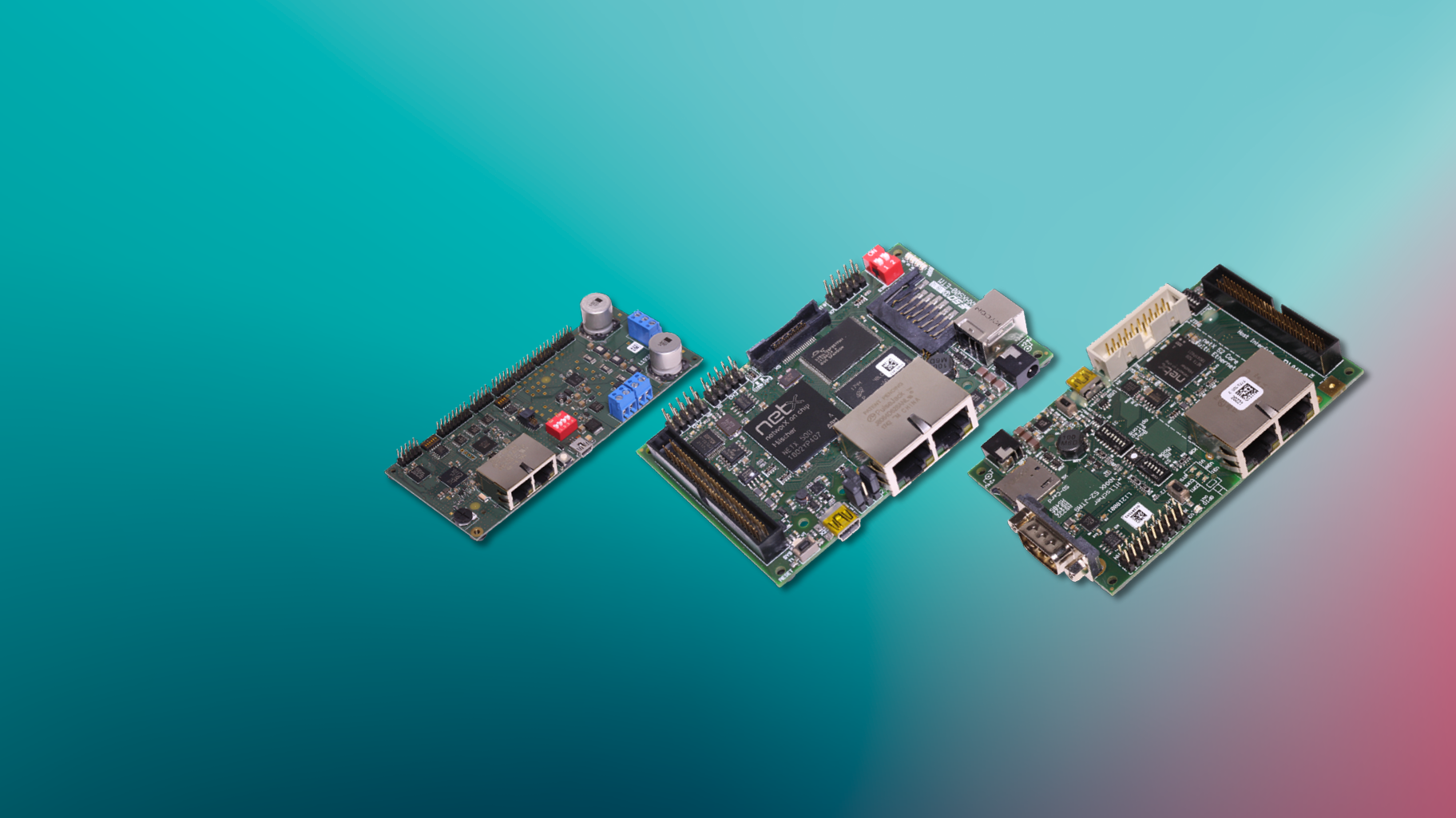 Three evaluation boards with netX SoCs onboard lined up on a colorful background.