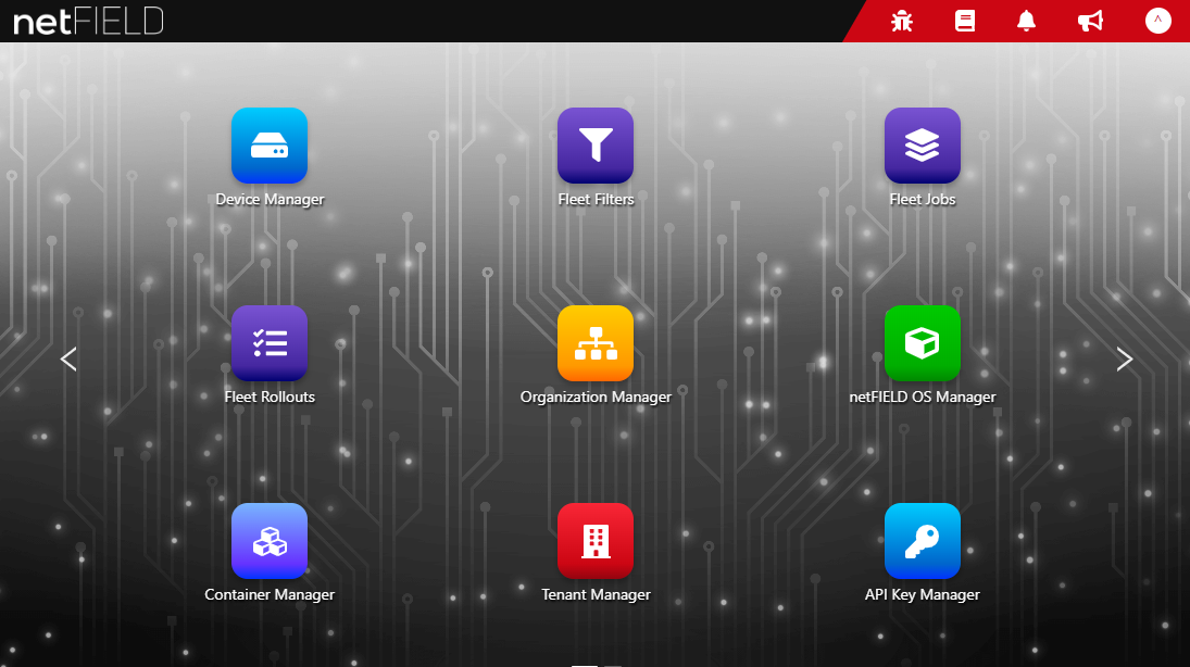 9 icons of applications on Hilscher netFIELD.io Portal platform in a web UI. The background is dark with a gradient to white on top and vertical white lines al over the picture.