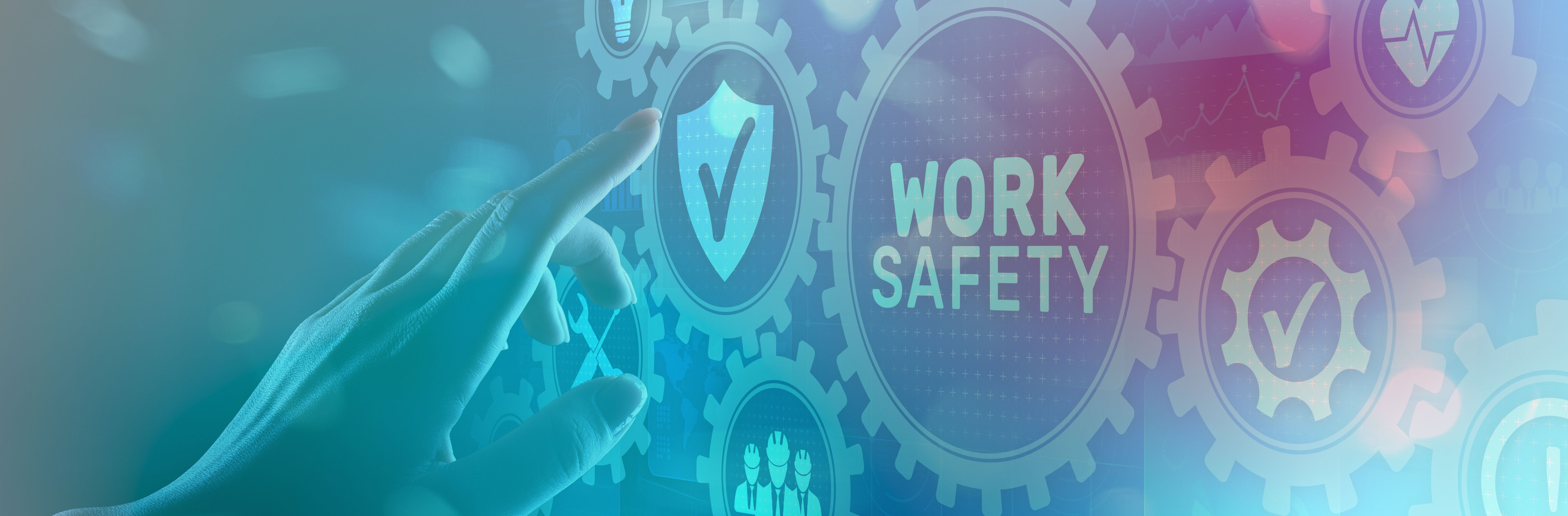 A hand pointing to the word work safety on a blue background.