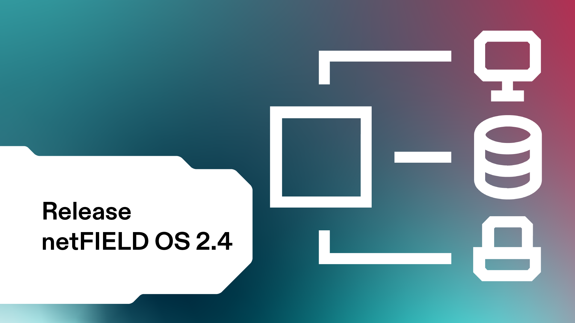 A white square with three smaller netFIELD icons also in white on the right side. They are connected with white lines on a dark blue background. On the left side, "Release of netFIELD OS 2.4" is written on  white background.