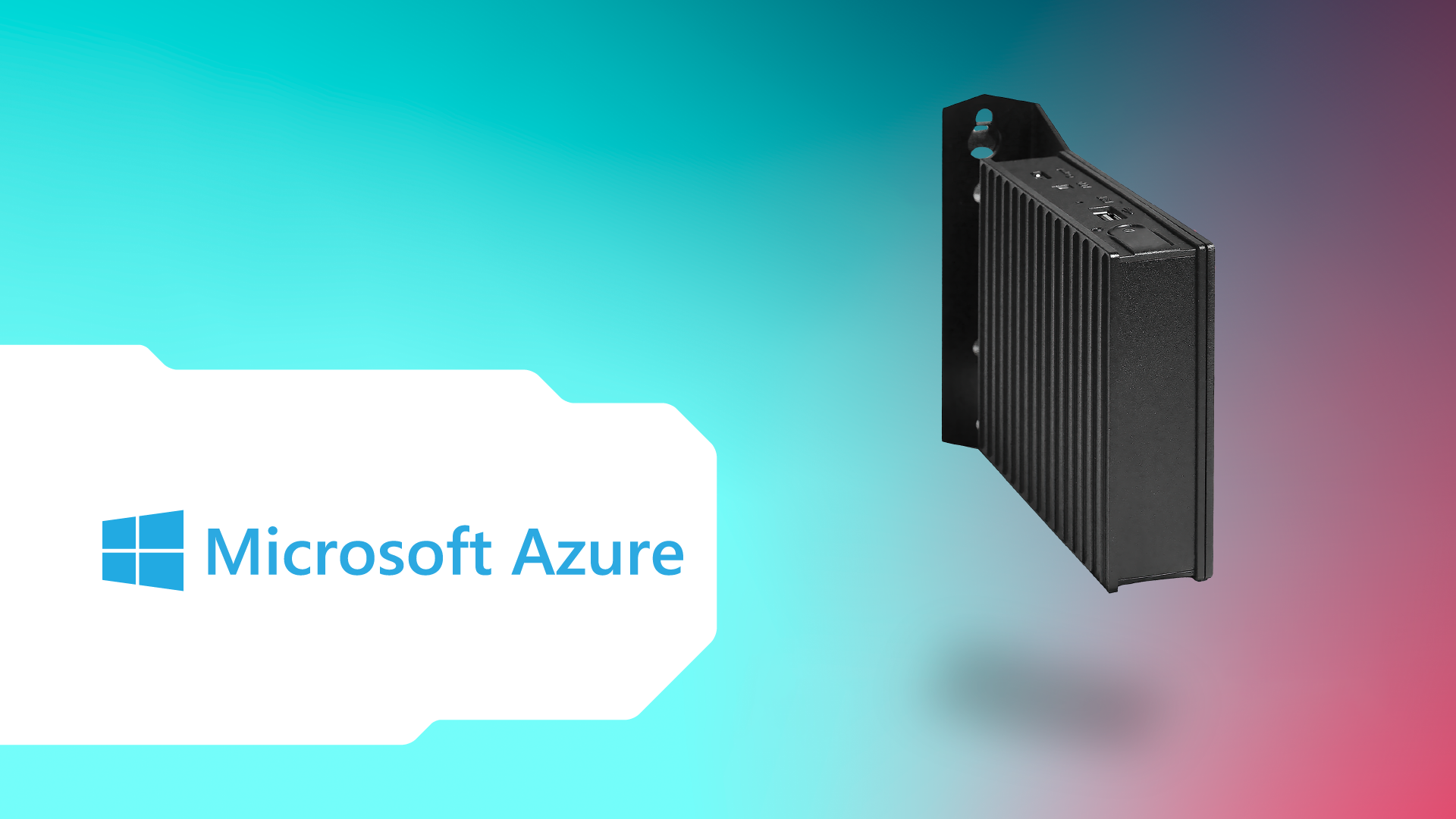 A black device hovers on a colorful background. On the lft you can see the Microsoft Azure logo in blue on a white background.