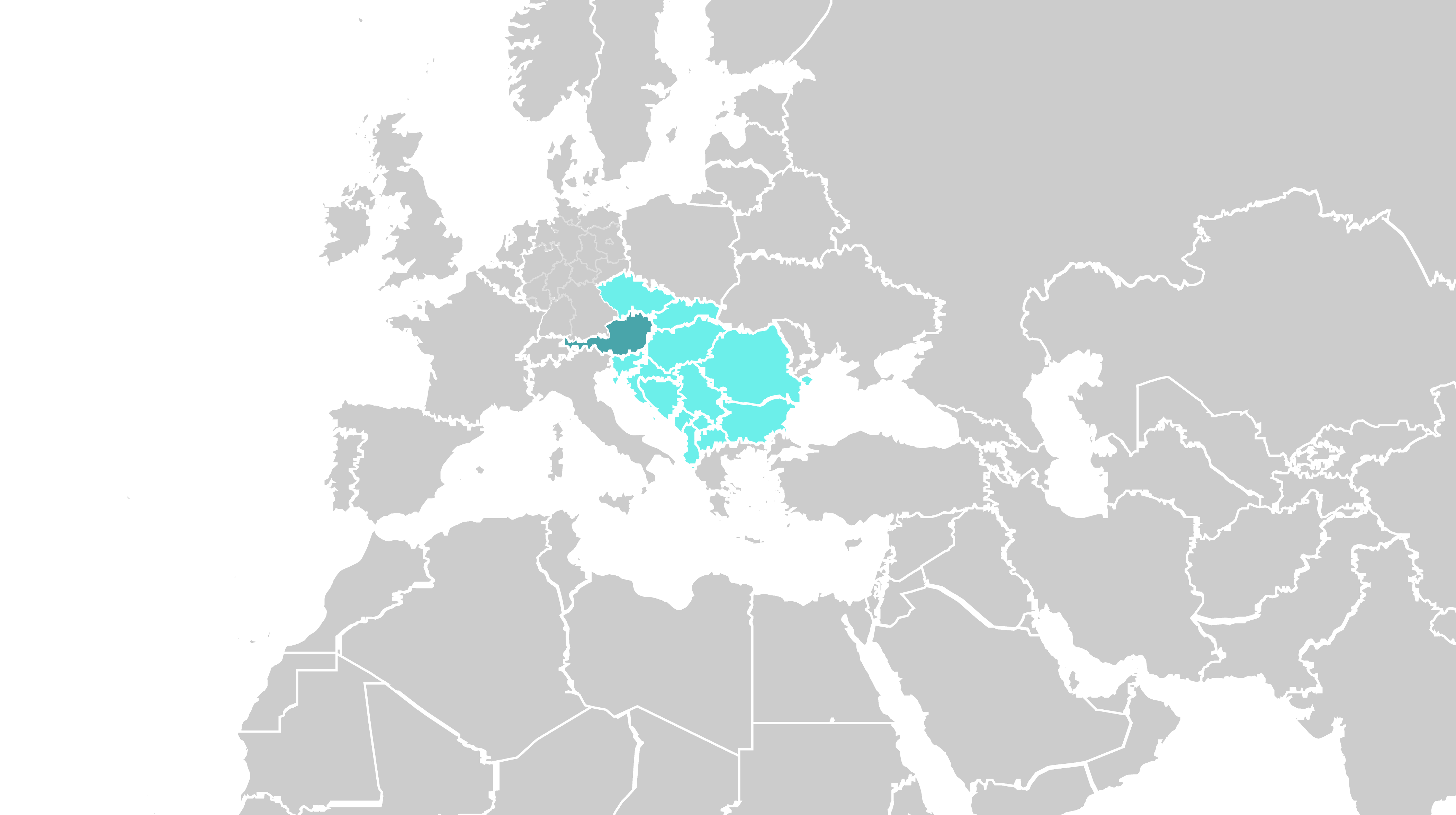 A map of Europe with the majority of countries colored in grey. Austria as well as the central and eastern European markets are colored in turquoise. 