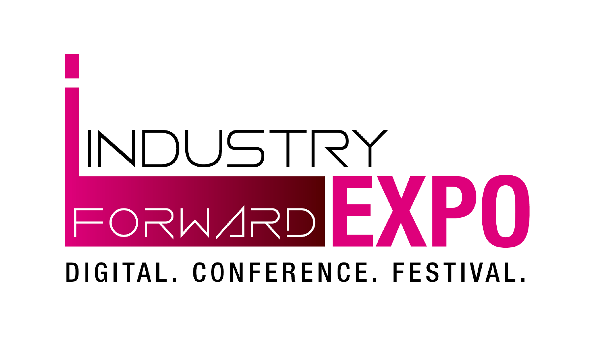 INDUSTRY.forward Expo logo in violet, white and black. Under the logo is writen "Digital. Conference. Festival."