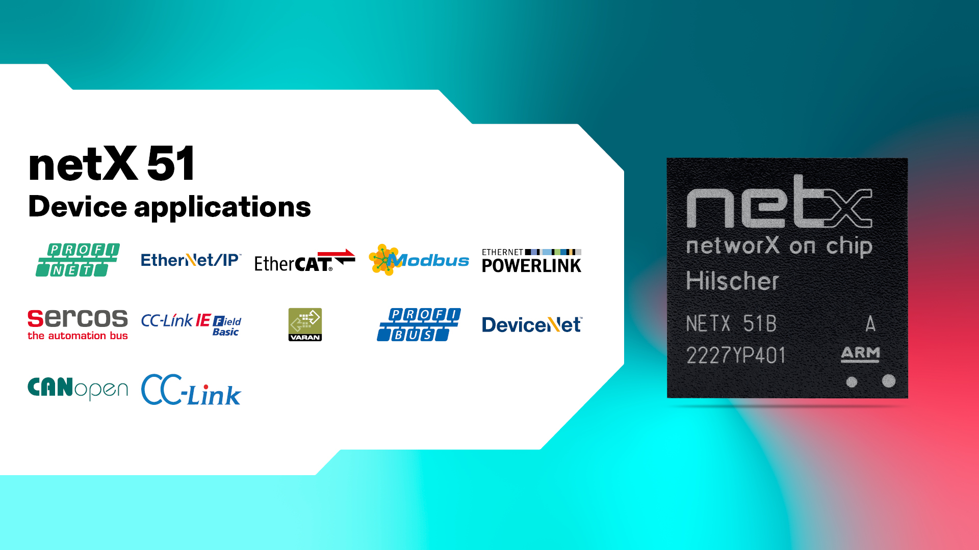A netX 51 graphic in black on the right side on colorful background. Numerous protocol logos on a white background in an angular form on the left.