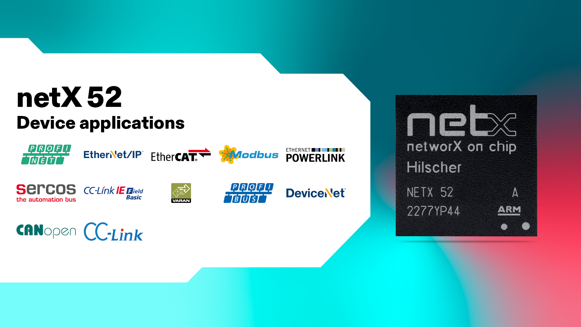 A netX 52 graphic in black on the right side on colorful background. Numerous protocol logos on a white background in an angular form on the left.