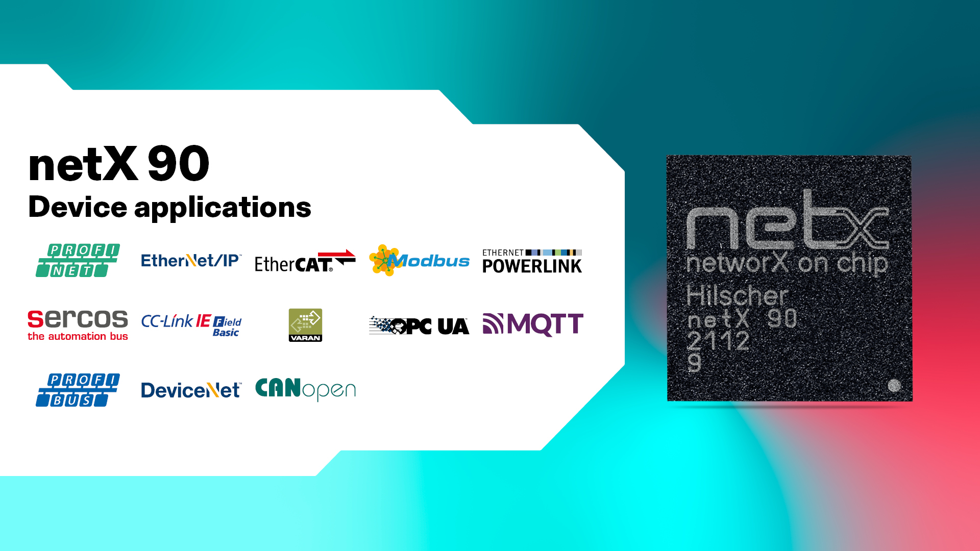 A netX 90 graphic in black on the right side on colorful background. Numerous protocol logos on a white background in an angular form on the left.