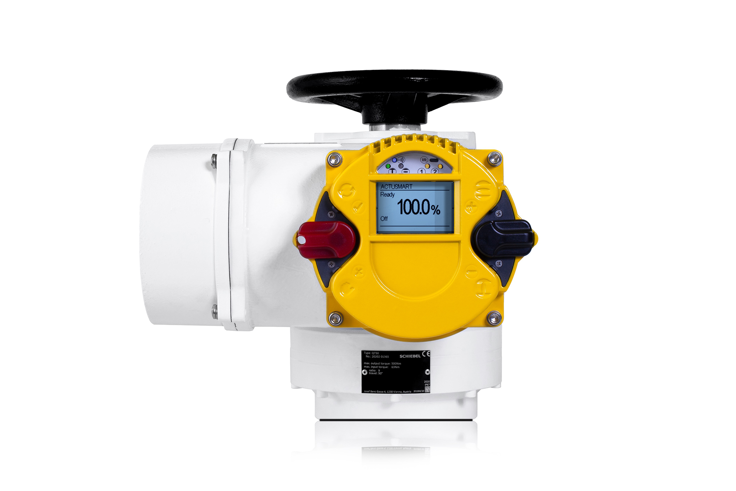 An industrial actuator painted in white with a yellow control unit facing the camera. The background is plain white. 