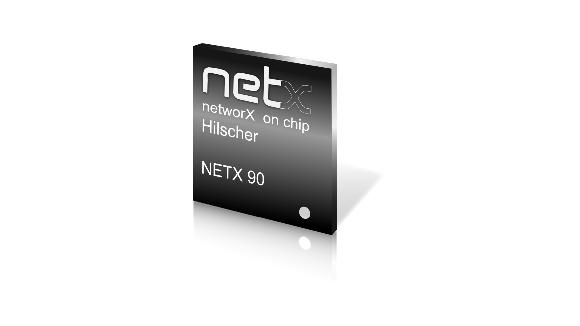 An animated picture of a black netX 90 chip slightly tilted to left side.